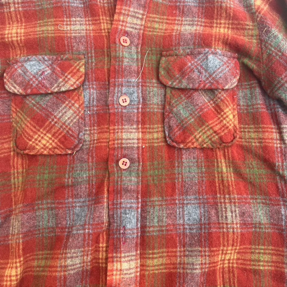 ** Vintage 1970s Richman Bros Red Green Plaid Wool Button Front Shirt S - Picture 3 of 11